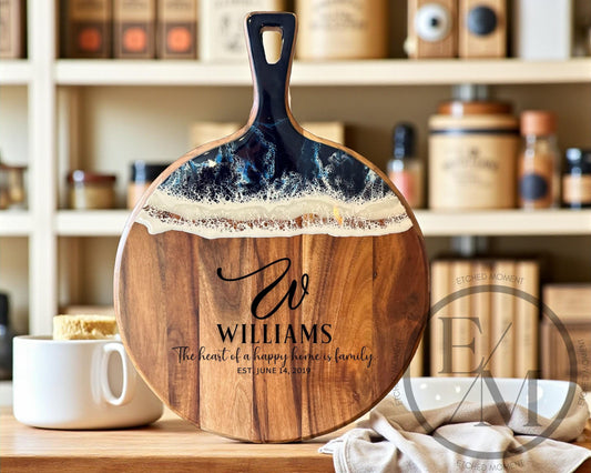 Acacia Wood  Resin Ocean Serving Board  Personalized Engraved Cheese Board  Custom Charcuterie Wedding Gift