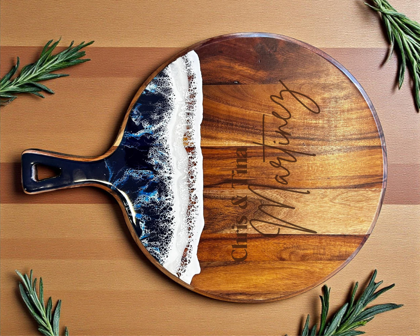 Beach House Charcuterie Board • Luxury Acacia Wood & Ocean Resin • Personalized Engraved Serving Board for Coastal Décor or Gifts