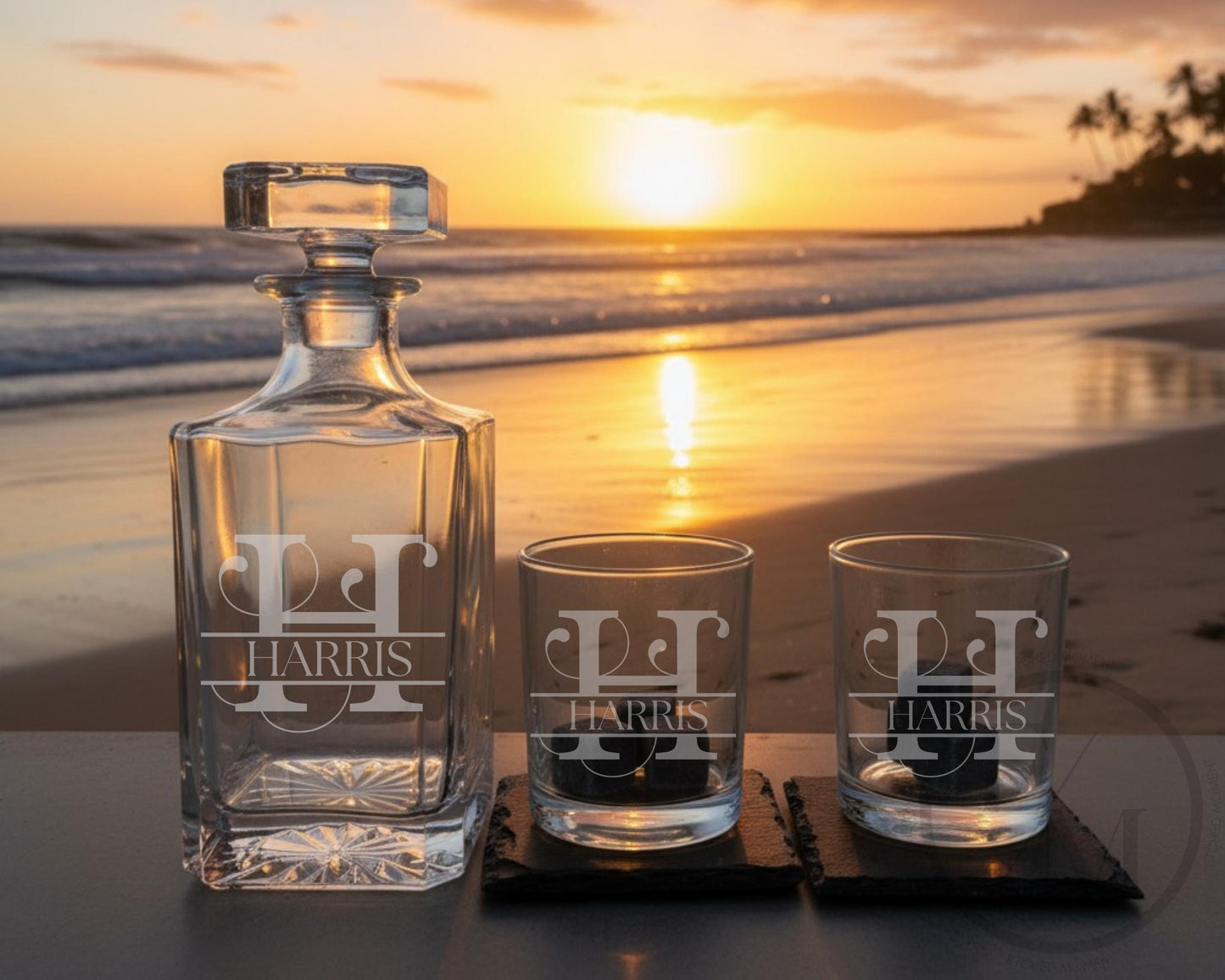 Engraved Whiskey Decanter - Luxury Whiskey Decanter Set With Custom Monogram, Glasses & Coasters