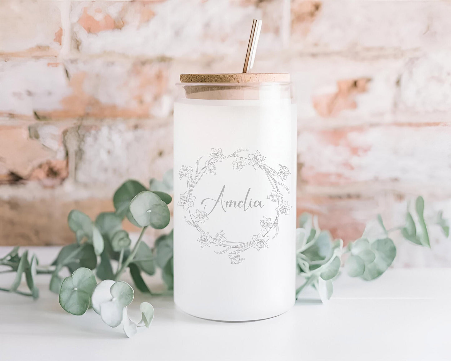 Personalized Boba Tea Cup - Laser Engraved Glass Tumbler with Bamboo Lid & Straw