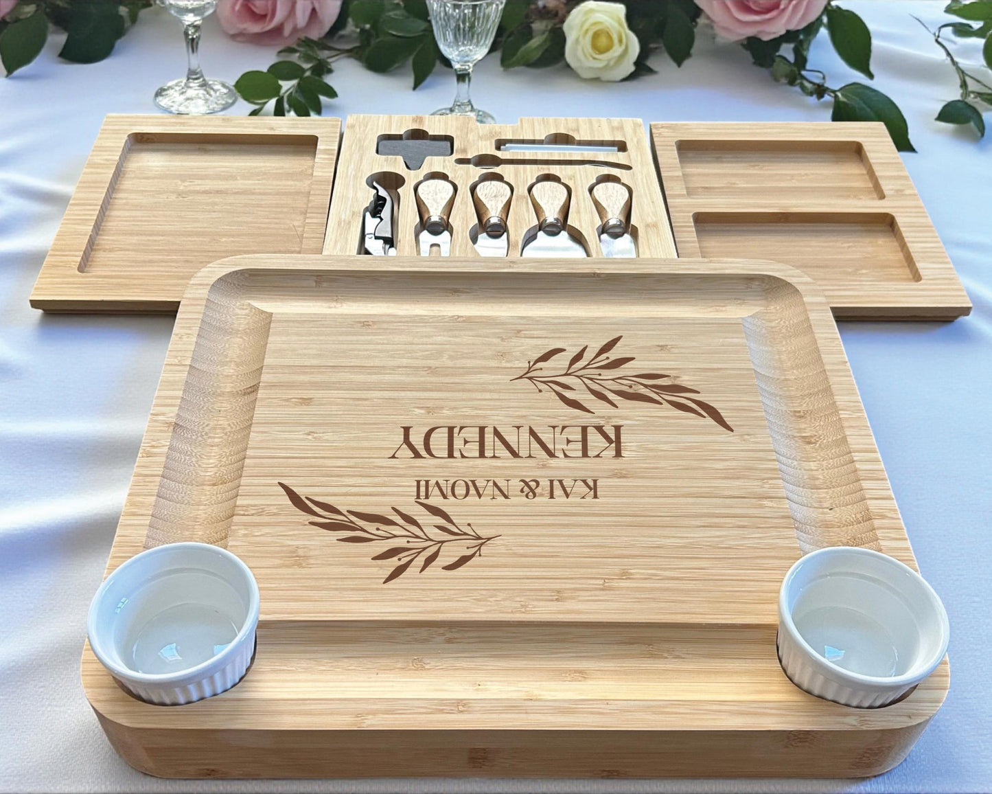 Personalized Bamboo Charcuterie Board with Utensils  Drawers  Luxury Wedding Gift for Couples