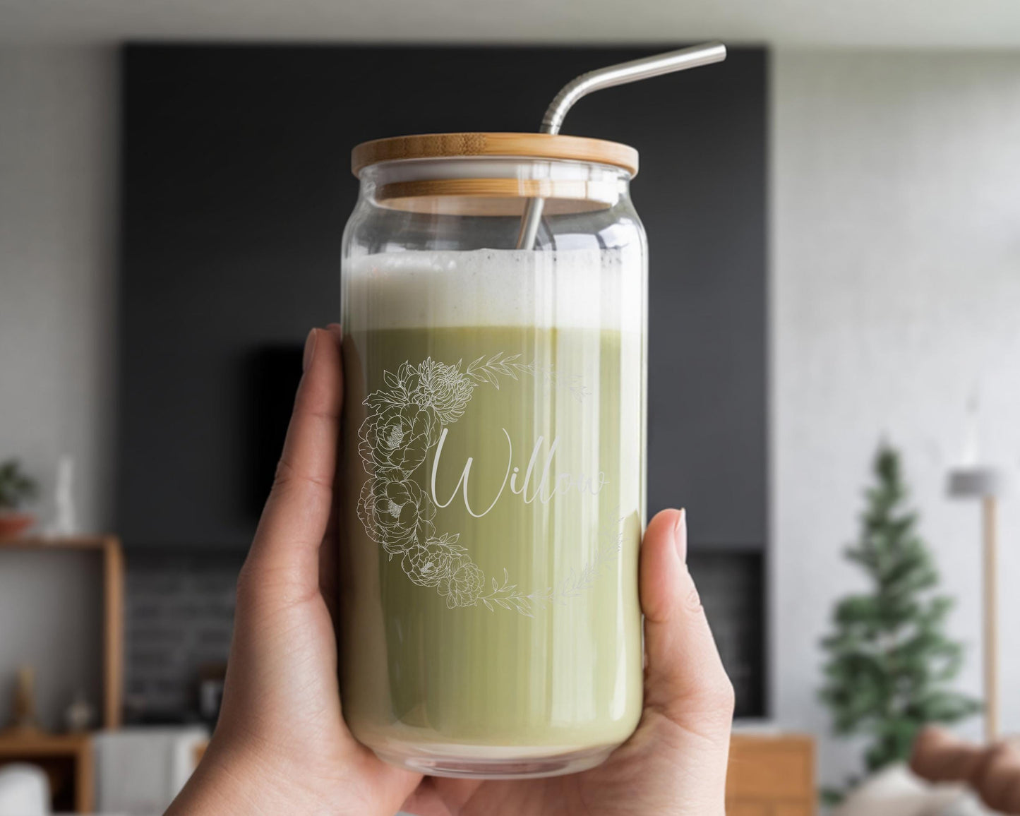 Personalized Boba Tea Cup - Laser Engraved Glass Tumbler with Bamboo Lid & Straw