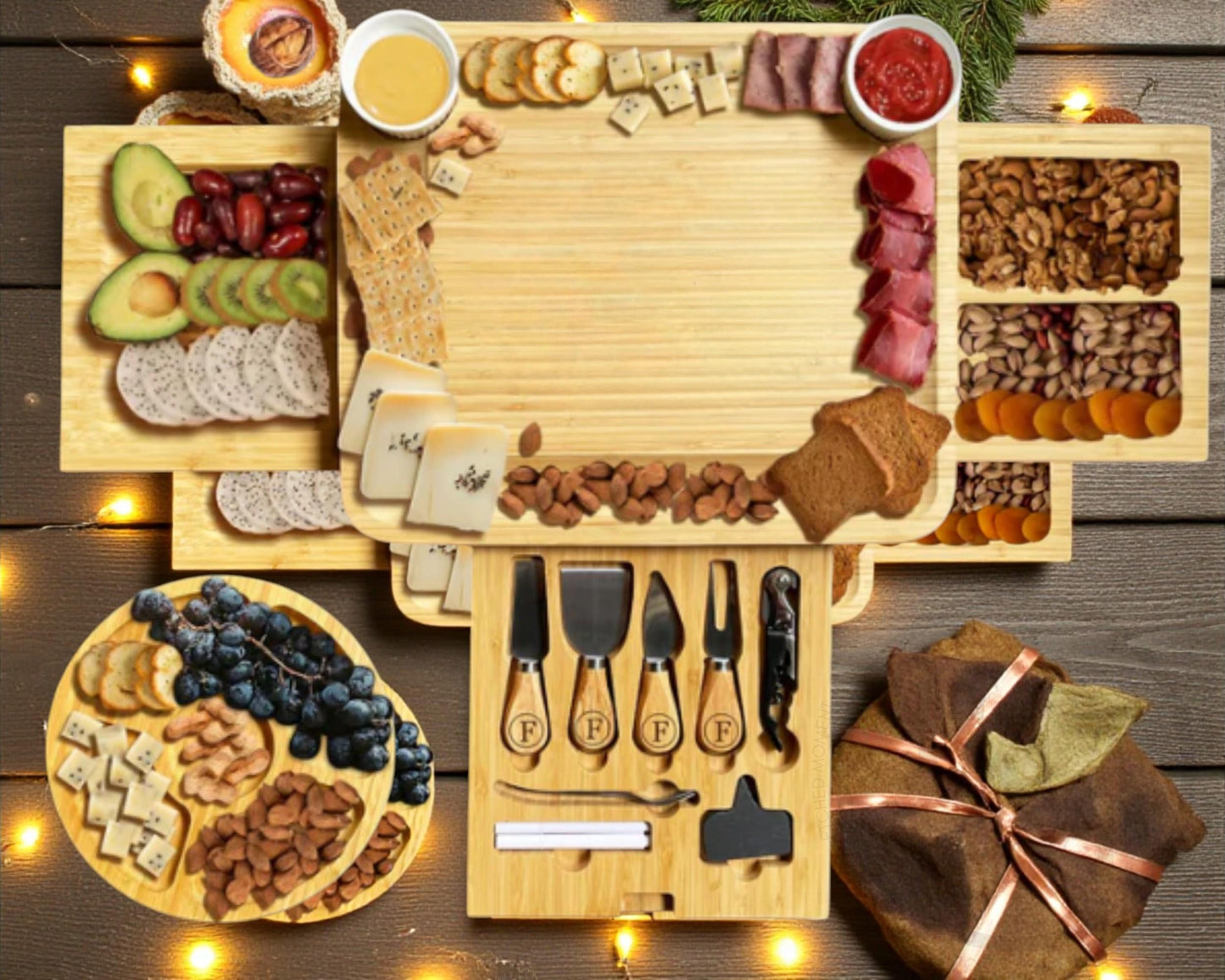 Personalized Bamboo Charcuterie Board with Utensils  Drawers  Luxury Wedding Gift for Couples