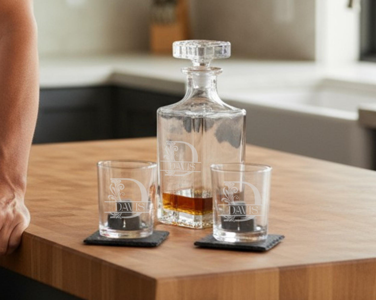 Engraved Whiskey Decanter - Luxury Whiskey Decanter Set With Custom Monogram, Glasses & Coasters