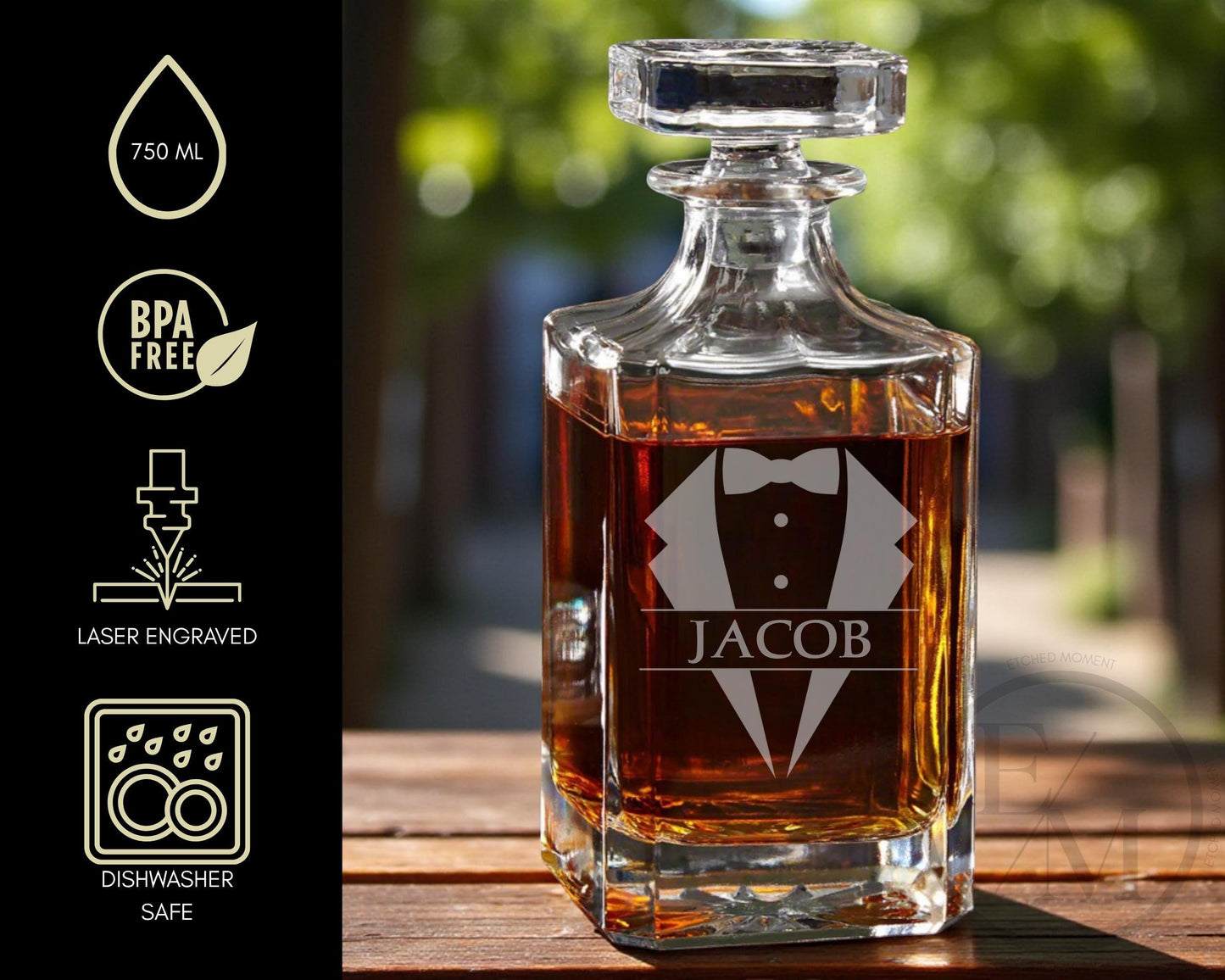 Engraved Whiskey Decanter - Luxury Whiskey Decanter Set With Custom Monogram, Glasses & Coasters