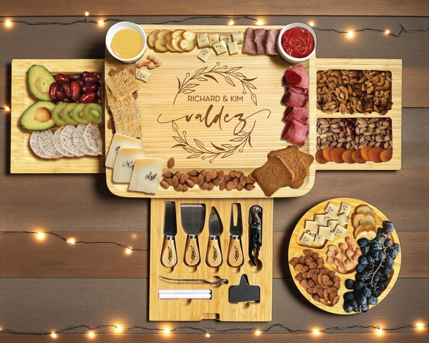 Luxury Wedding Charcuterie Board • Personalized Bamboo Cheese Board with Utensils & Drawers • Engraved Anniversary Gift for Couples