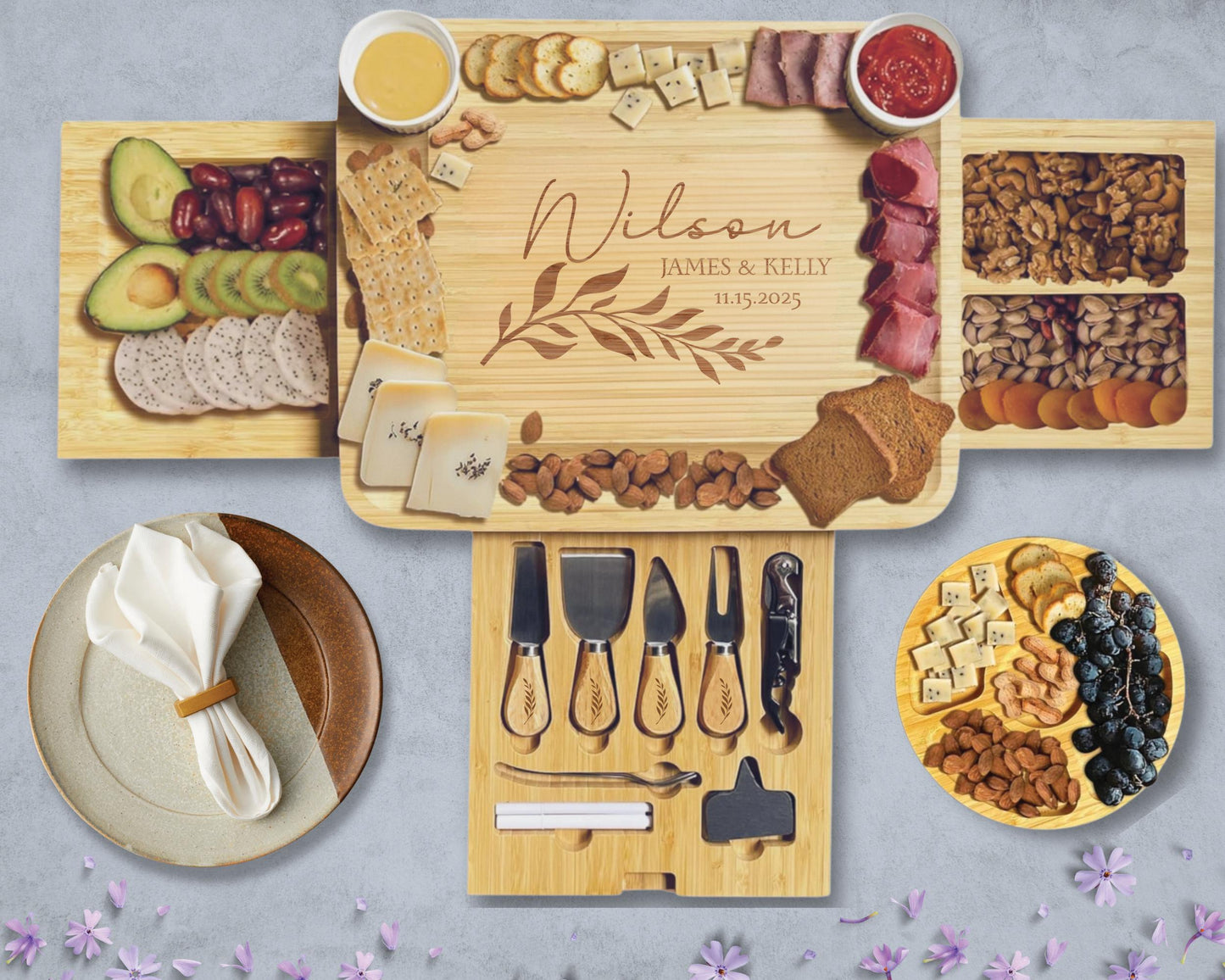 Personalized Wedding / Engagement Charcuterie Bamboo Cheese Board with Utensils & Drawers
