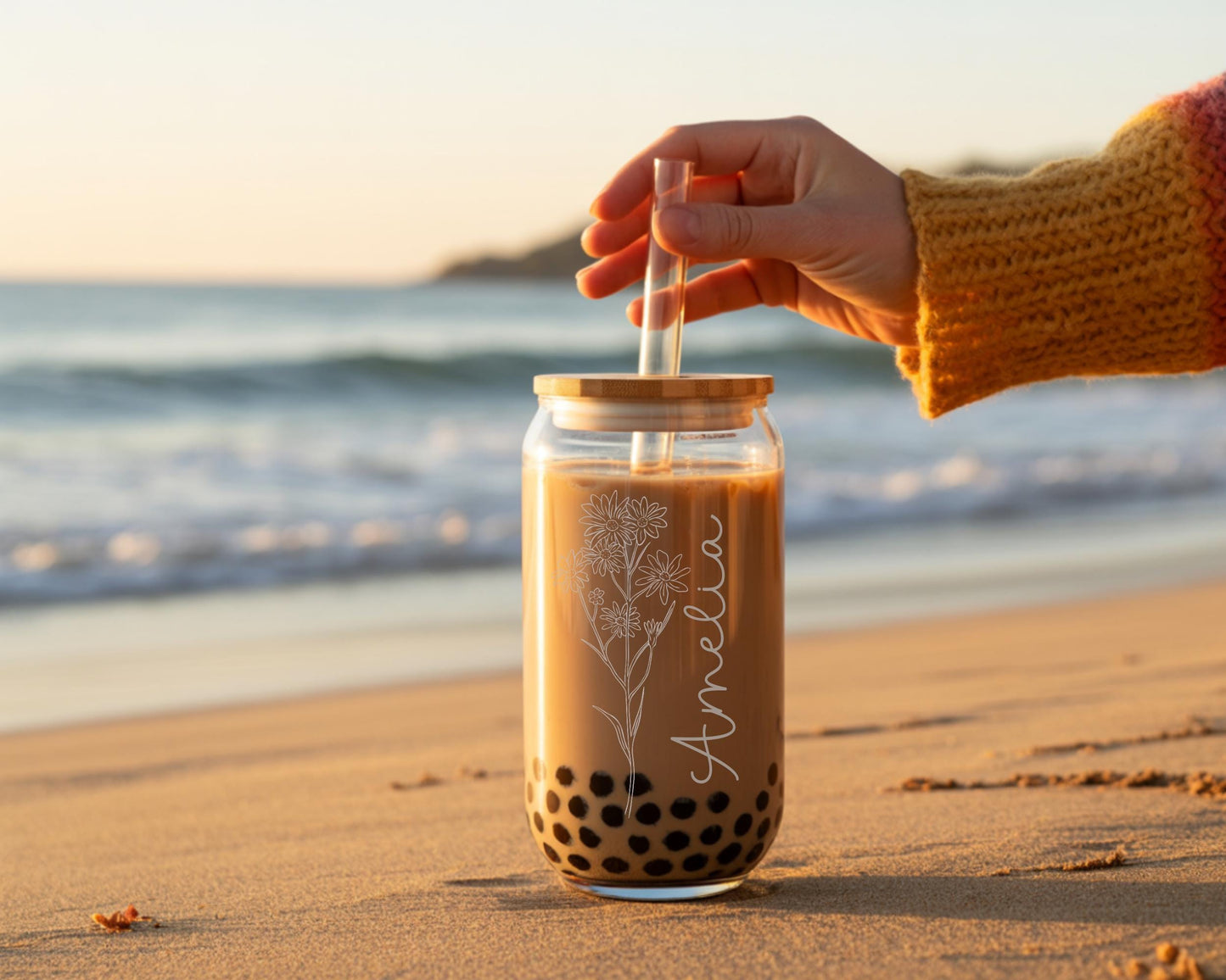 Personalized Boba Tea Cup - Laser Engraved Glass Tumbler with Bamboo Lid & Straw