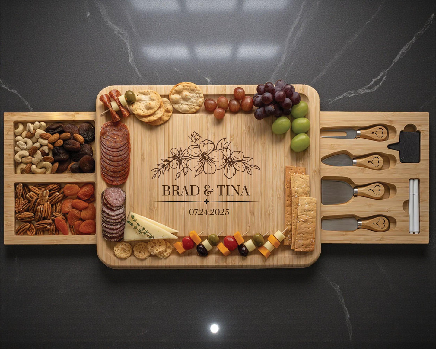 Engraved Charcuterie Board with Utensils