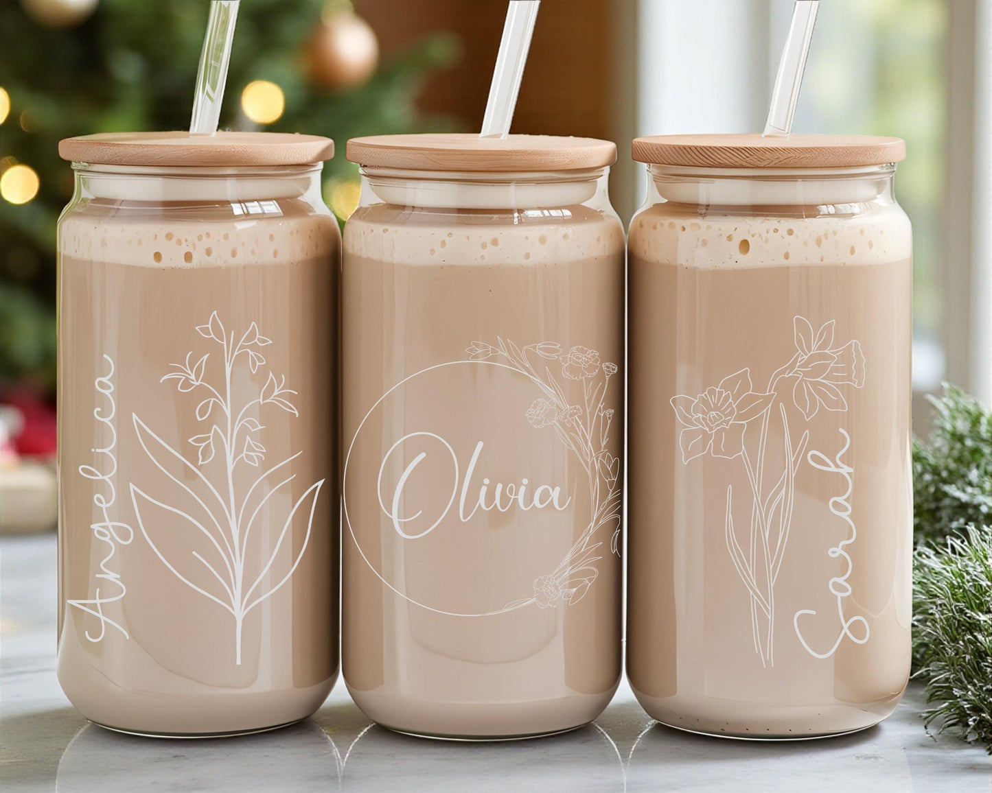 Personalized Boba Tea Cup - Laser Engraved Glass Tumbler with Bamboo Lid & Straw