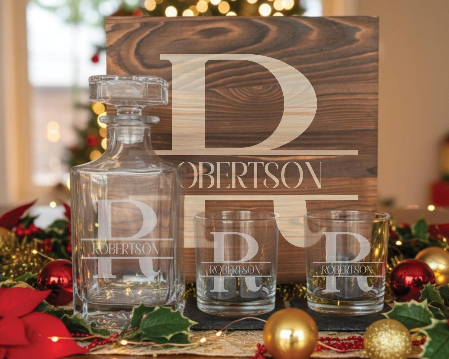 Engraved Whiskey Decanter - Luxury Whiskey Decanter Set With Custom Monogram, Glasses & Coasters