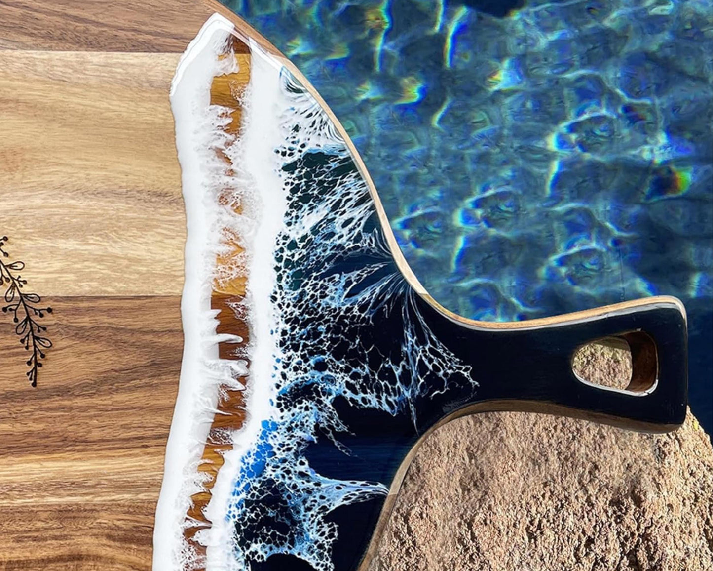 Beach House Charcuterie Board • Luxury Acacia Wood & Ocean Resin • Personalized Engraved Serving Board for Coastal Décor or Gifts