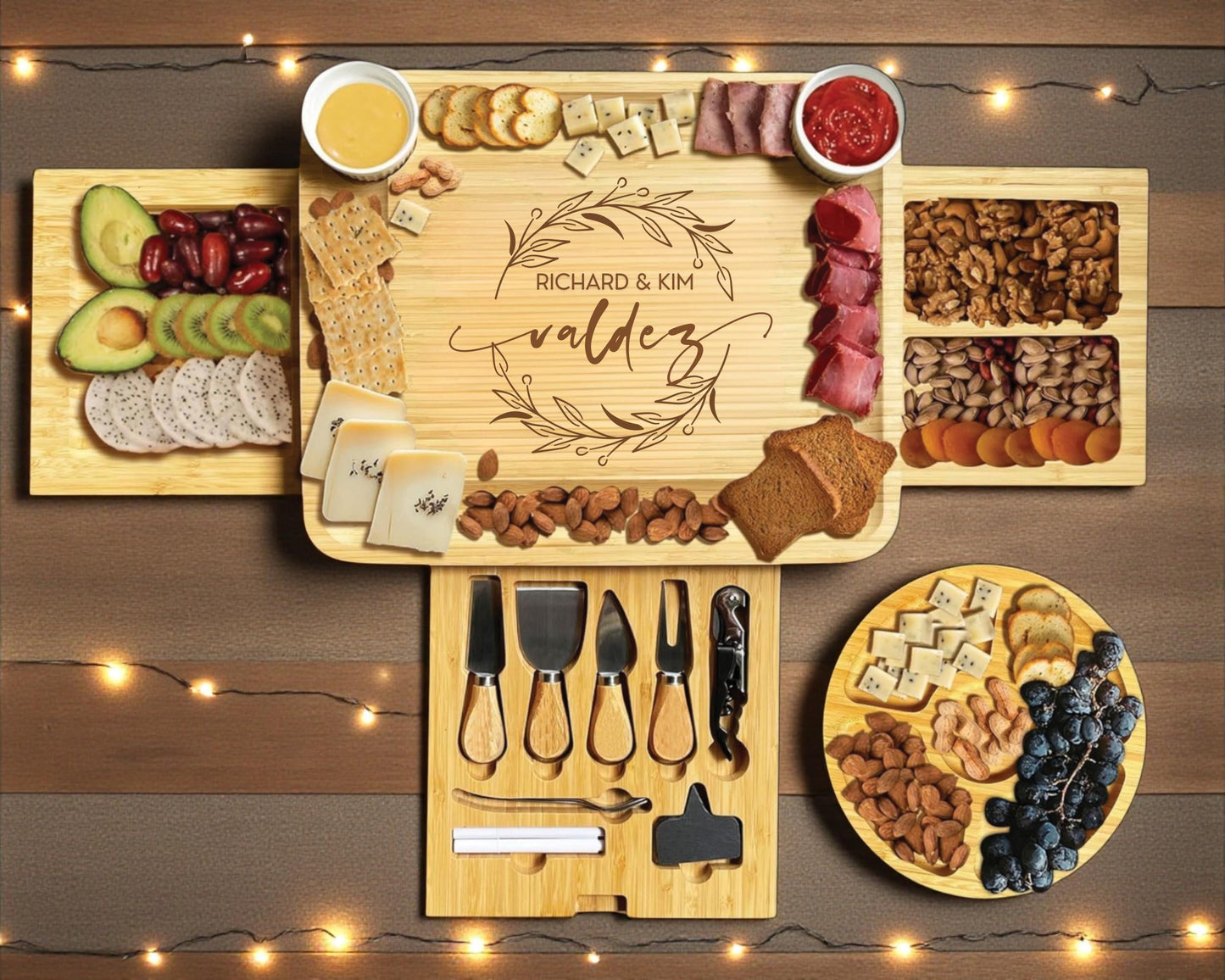 Personalized Bamboo Charcuterie Board with Utensils  Drawers  Engraved Holiday Gift for Family  Friends