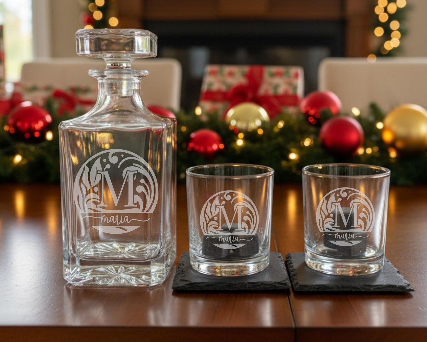 Engraved Whiskey Decanter - Luxury Whiskey Decanter Set With Custom Monogram, Glasses & Coasters