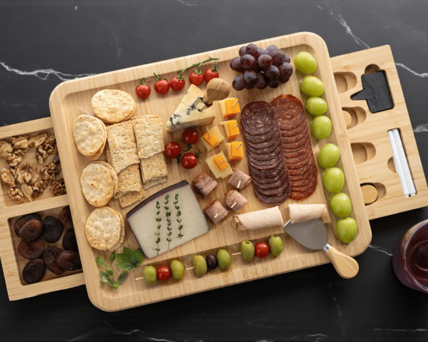 Engraved Bamboo Charcuterie Board with Utensils  Custom Icon Letter or Date