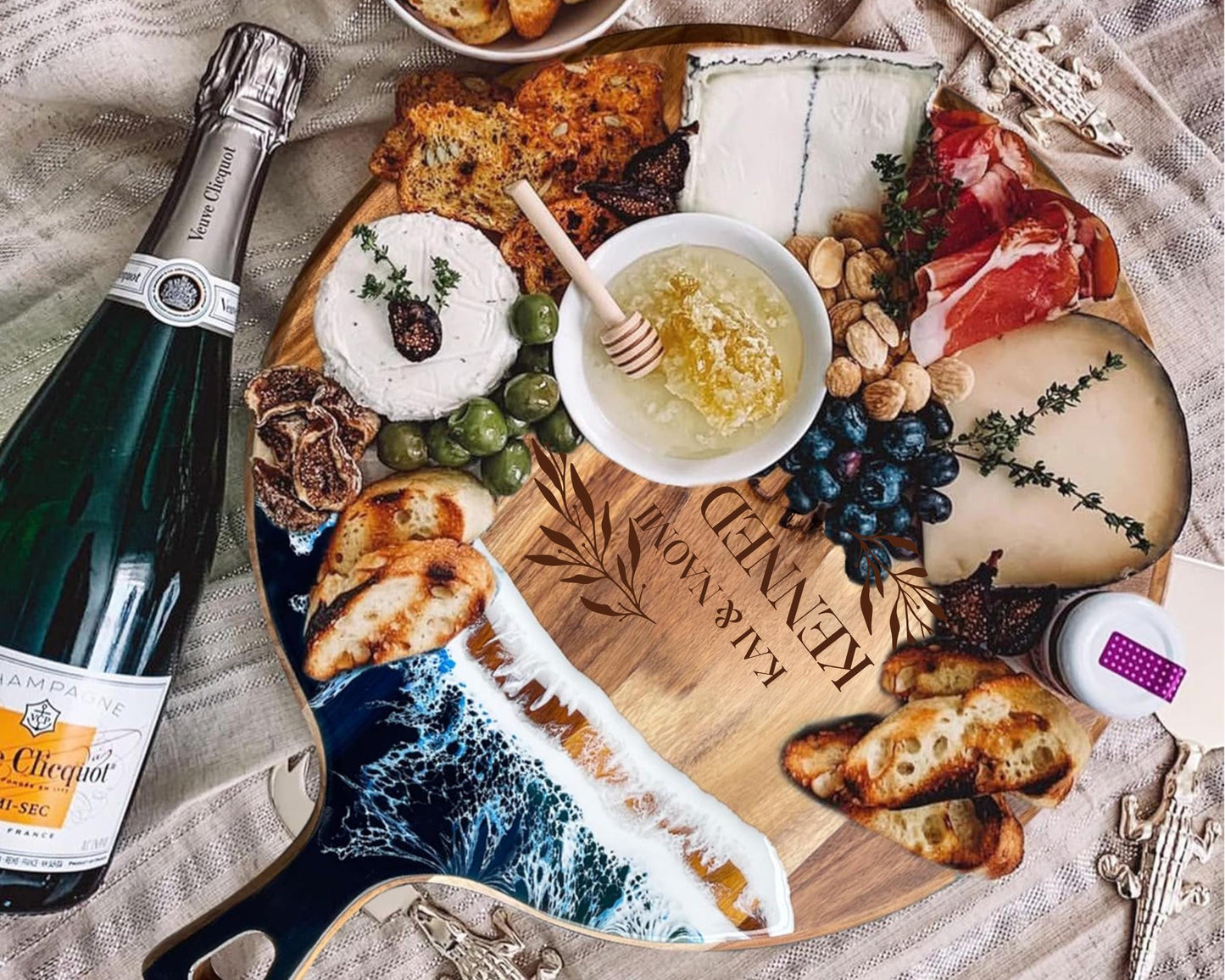 Beach House Charcuterie Board • Luxury Acacia Wood & Ocean Resin • Personalized Engraved Serving Board for Coastal Décor or Gifts