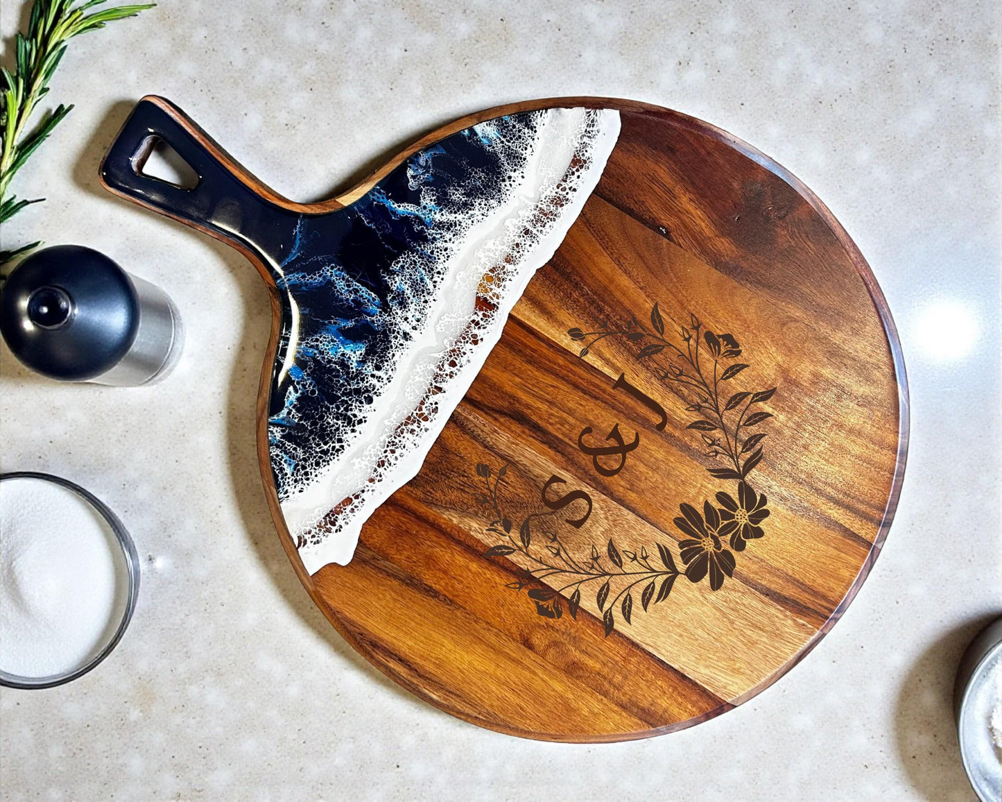Beach House Charcuterie Board • Luxury Acacia Wood & Ocean Resin • Personalized Engraved Serving Board for Coastal Décor or Gifts