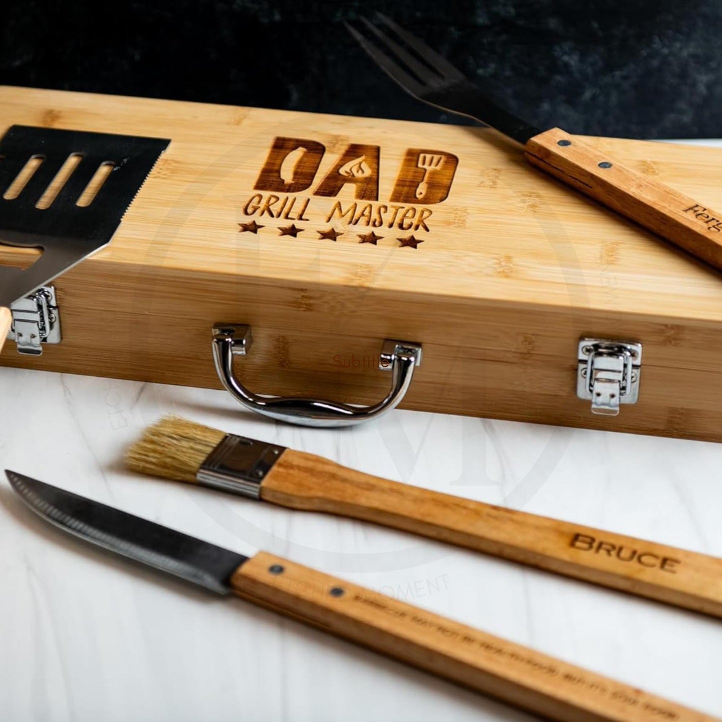 Custom Engraved BBQ Gift Set  Unique Grilling Tools in Wooden Case Perfect Fathers Day Gift for Dad