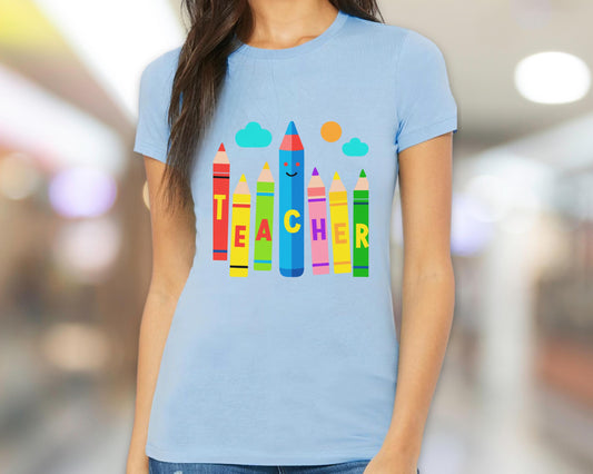 Ladies Crewneck Colorful Teacher T-Shirt – Bright Graphic Tee for Educators