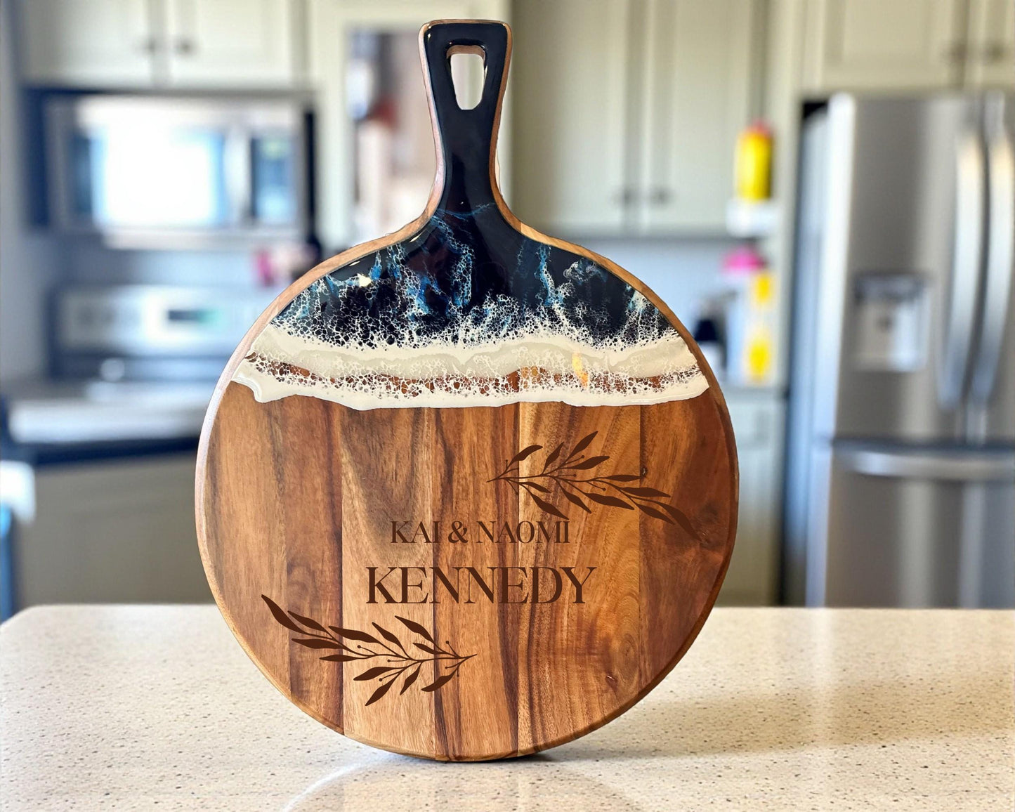 Beach House Charcuterie Board • Luxury Acacia Wood & Ocean Resin • Personalized Engraved Serving Board for Coastal Décor or Gifts