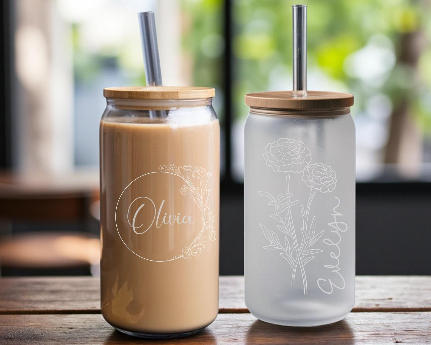 Personalized Boba Tea Cup - Laser Engraved Glass Tumbler with Bamboo Lid & Straw