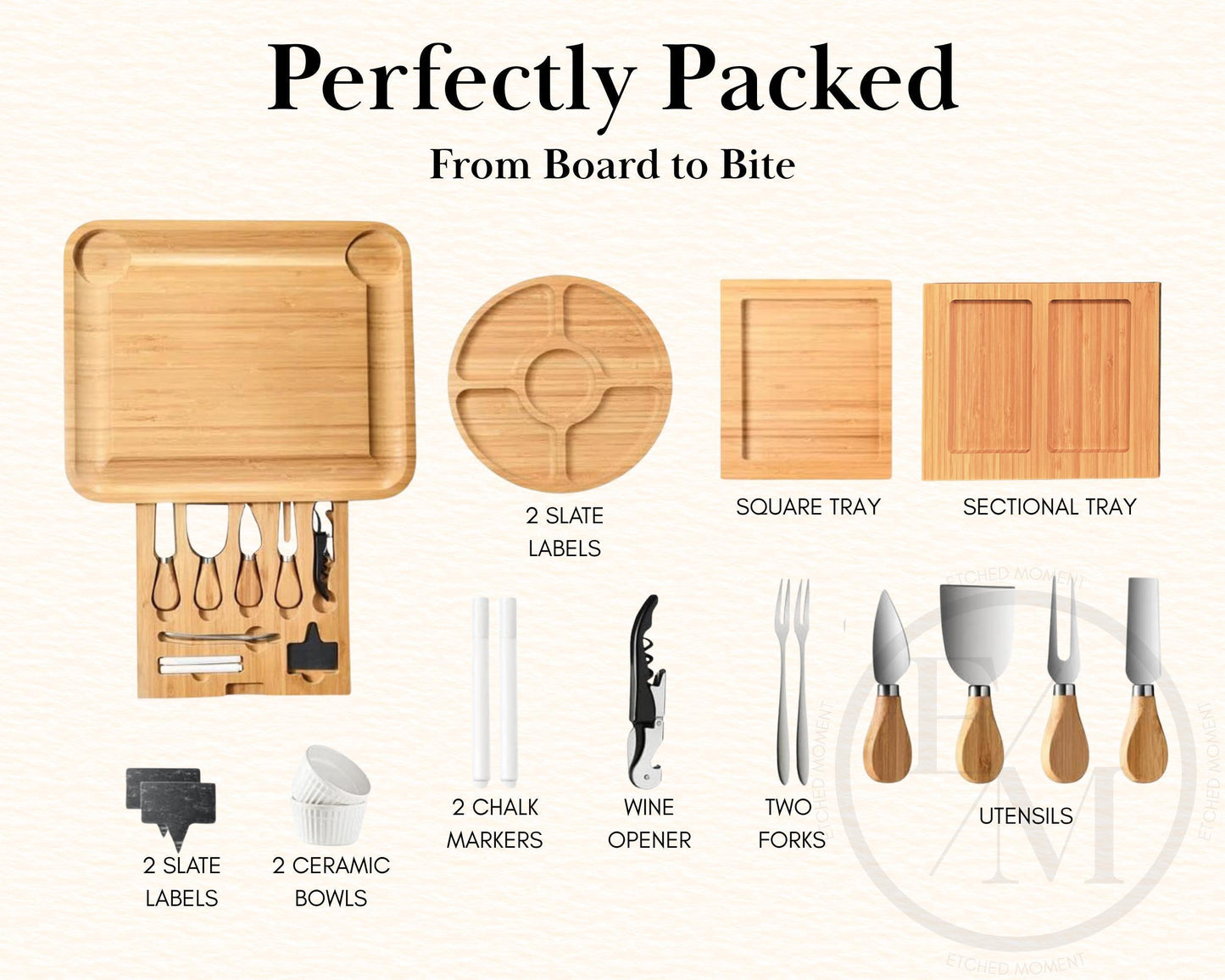 Engraved Bamboo Charcuterie Board with Utensils  Custom Icon Letter or Date