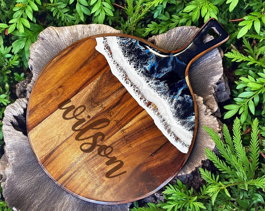 Beach House Charcuterie Board • Luxury Acacia Wood & Ocean Resin • Personalized Engraved Serving Board for Coastal Décor or Gifts