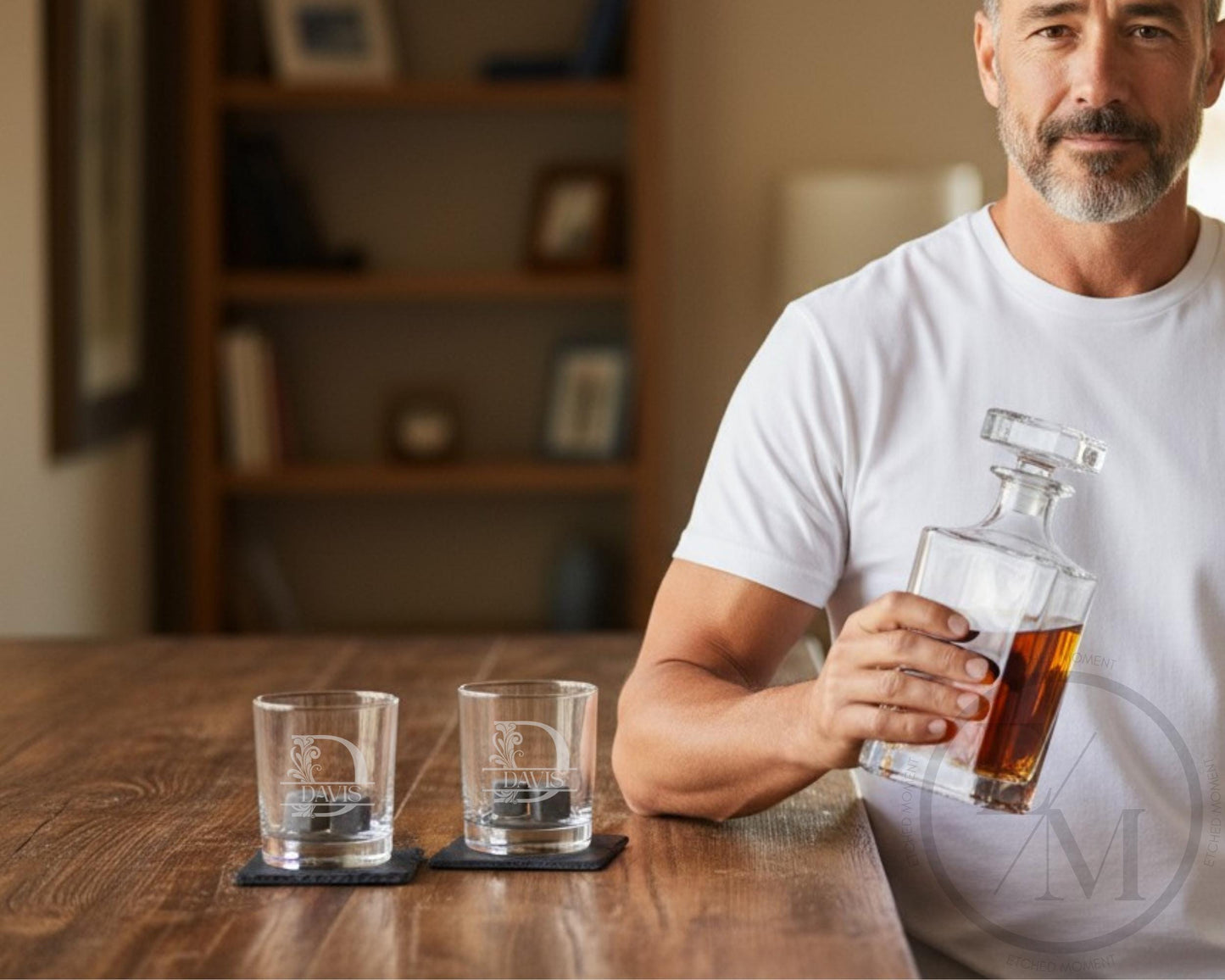 Engraved Whiskey Decanter - Luxury Whiskey Decanter Set With Custom Monogram, Glasses & Coasters