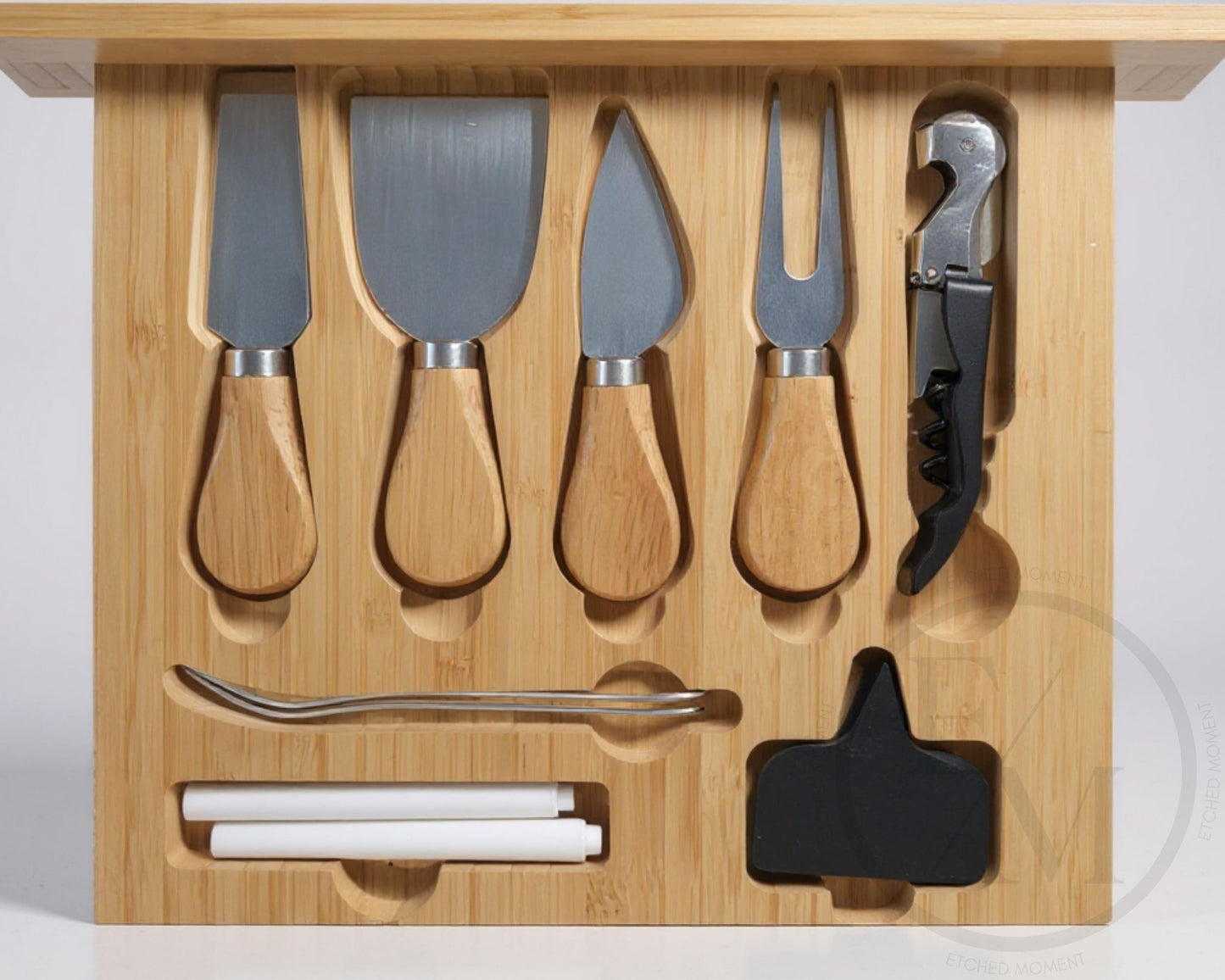 Personalized Bamboo Charcuterie Board with Utensils  Slide-Out Drawers  Engraved Housewarming Gift