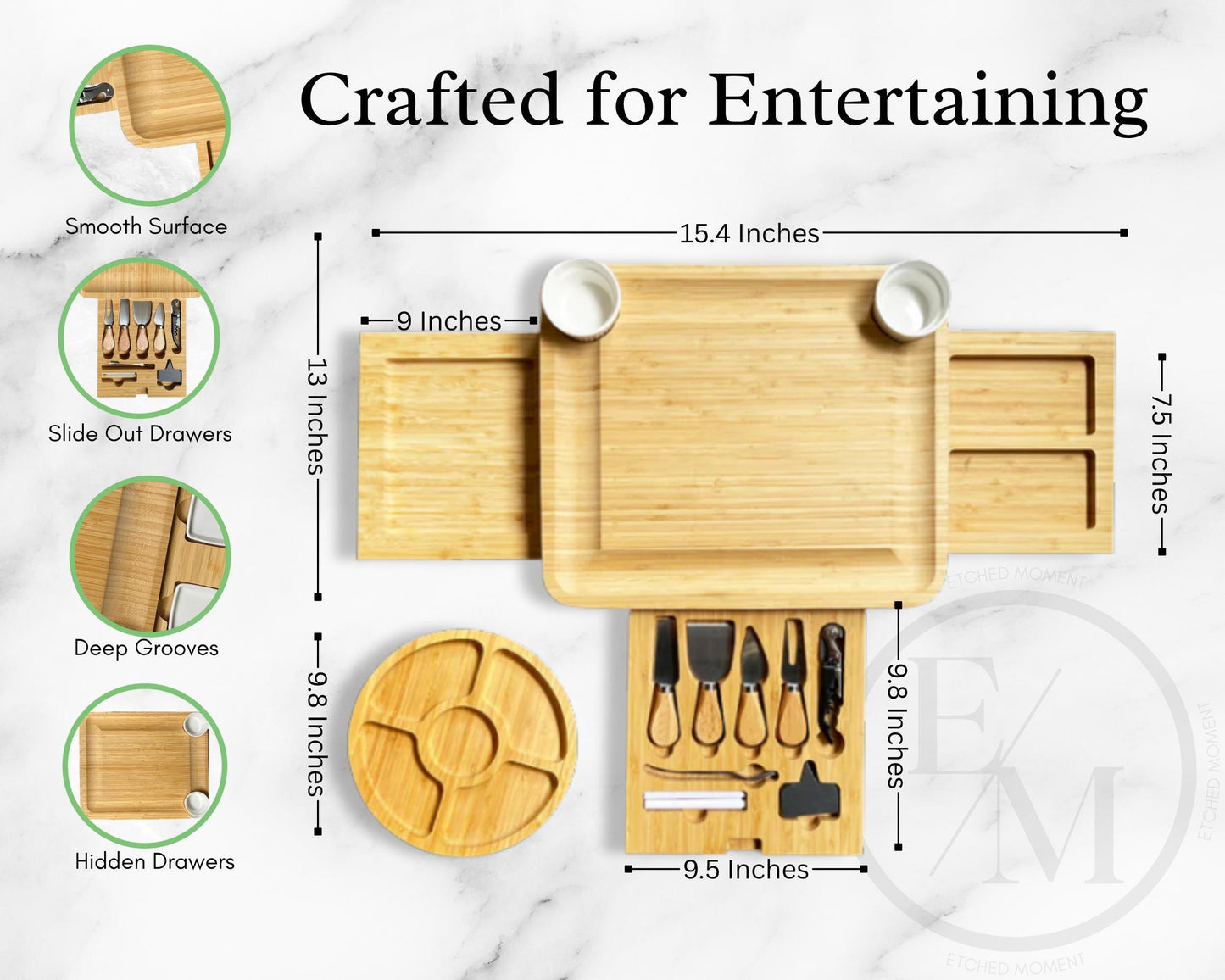 Engraved Bamboo Charcuterie Board with Utensils  Custom Icon Letter or Date