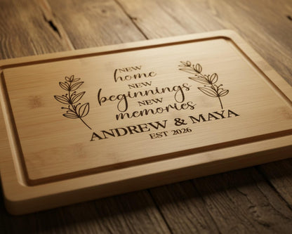 A wooden cutting board with a personalized message engraved on it.