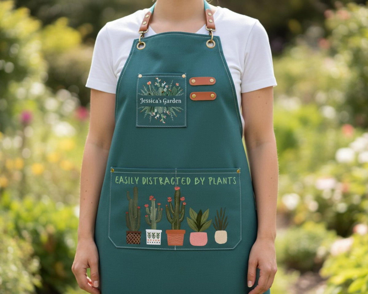 A person wearing a green apron with a design of cacti and flowers, and the text "Easily distracted by plants" printed on it.
