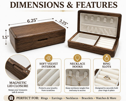 The image is a detailed view of a wooden jewelry box with various features and dimensions. It includes a lid closure, soft velvet interior, necklace hooks, and ring slots. The box is designed to securely hold and protect jewelry from scratches and tangles. The dimensions of the box are 6.25" x 3.25" x 1.5". The image also includes a close-up view of the necklace hooks and a ring slot, showcasing the box's versatility for various types of jewelry.