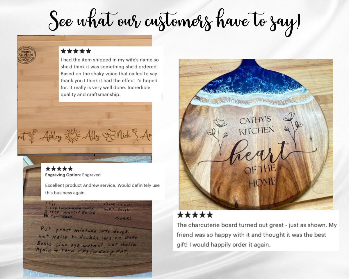The image is a collage of three photos featuring a wooden board with a decorative design, a handwritten note, and a rating review. The collage includes a close-up of the wooden board, a rating review, and a handwritten note.