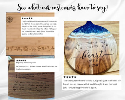The image is a collage of three photos featuring a wooden board with a decorative design, a handwritten note, and a rating review. The collage includes a close-up of the wooden board, a rating review, and a handwritten note.