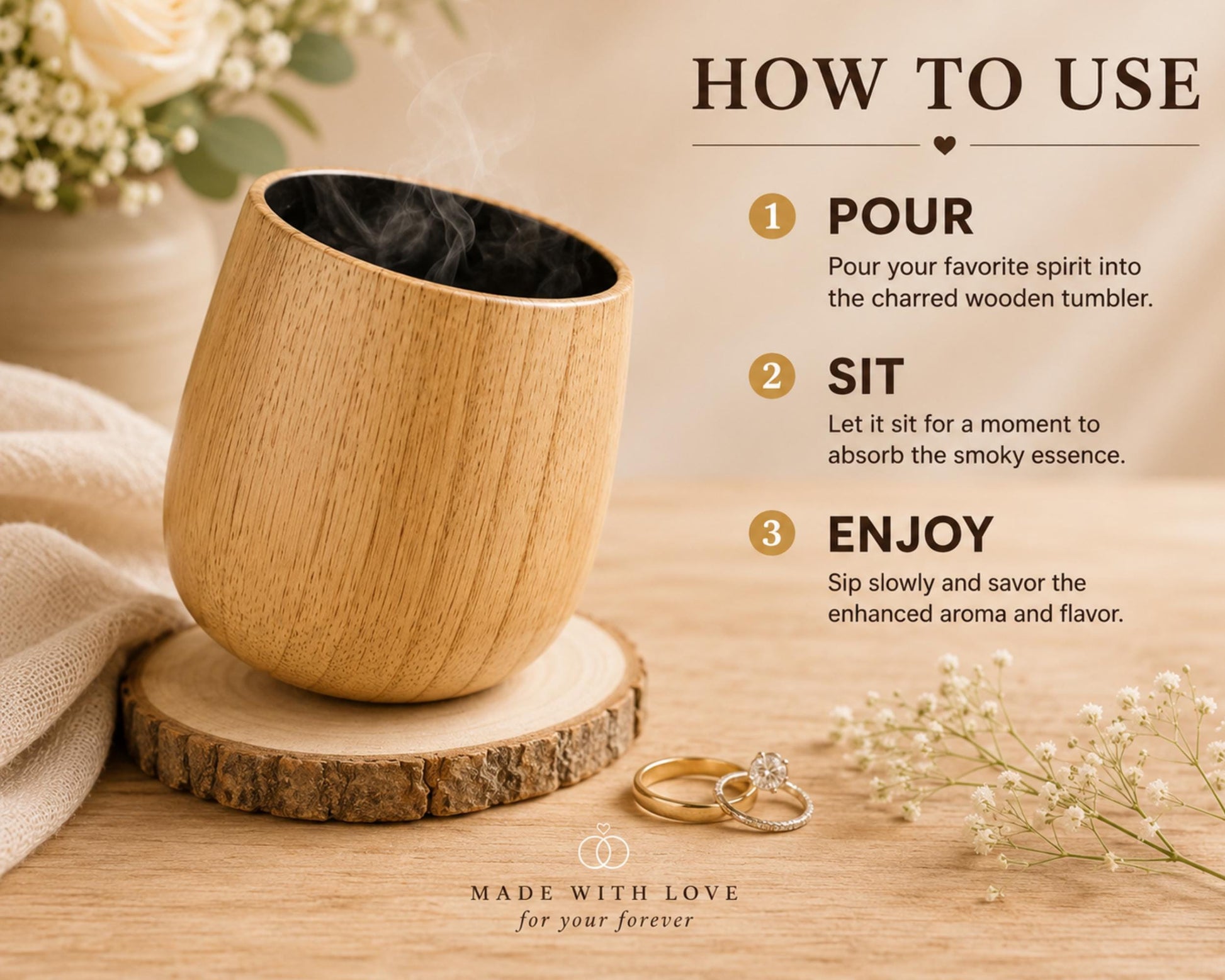 The image is an advertisement for a wooden tumbler, featuring a wooden tumbler with a steaming liquid inside, a wooden coaster, and a pair of gold wedding rings.