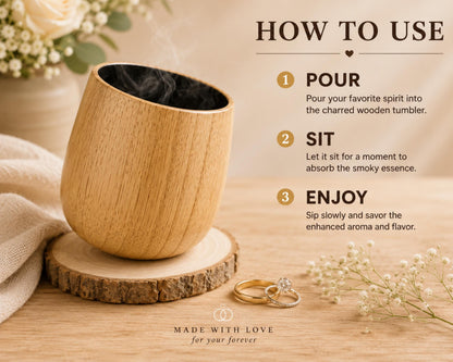 The image is an advertisement for a wooden tumbler, featuring a wooden tumbler with a steaming liquid inside, a wooden coaster, and a pair of gold wedding rings.