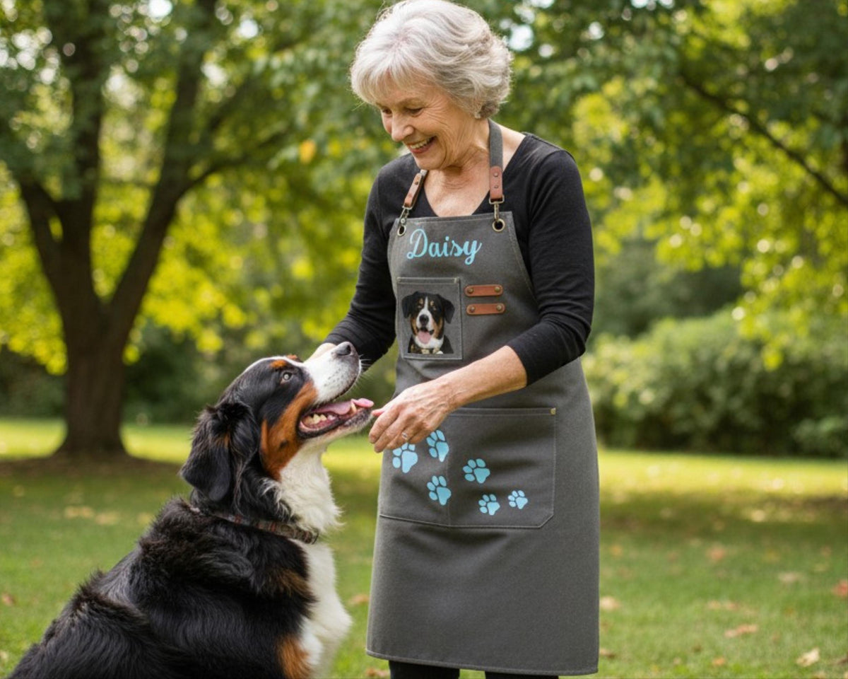 A woman in a grey apron with a dog named Daisy is petting a large, multicolored dog in a park.