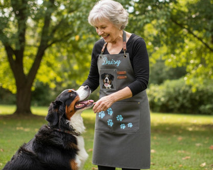 A woman in a grey apron with a dog named Daisy is petting a large, multicolored dog in a park.