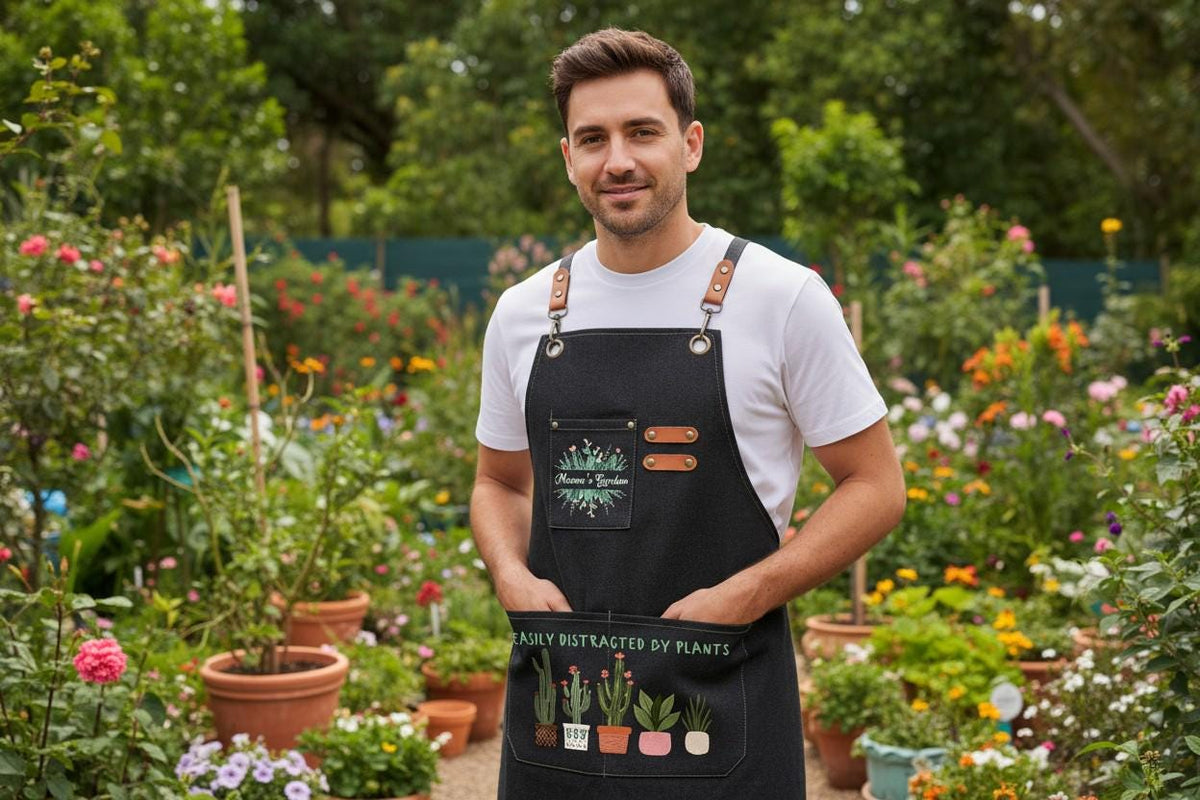 A man in a white t-shirt and navy canvas gardening apron with leather straps, standing among potted plants and flowers