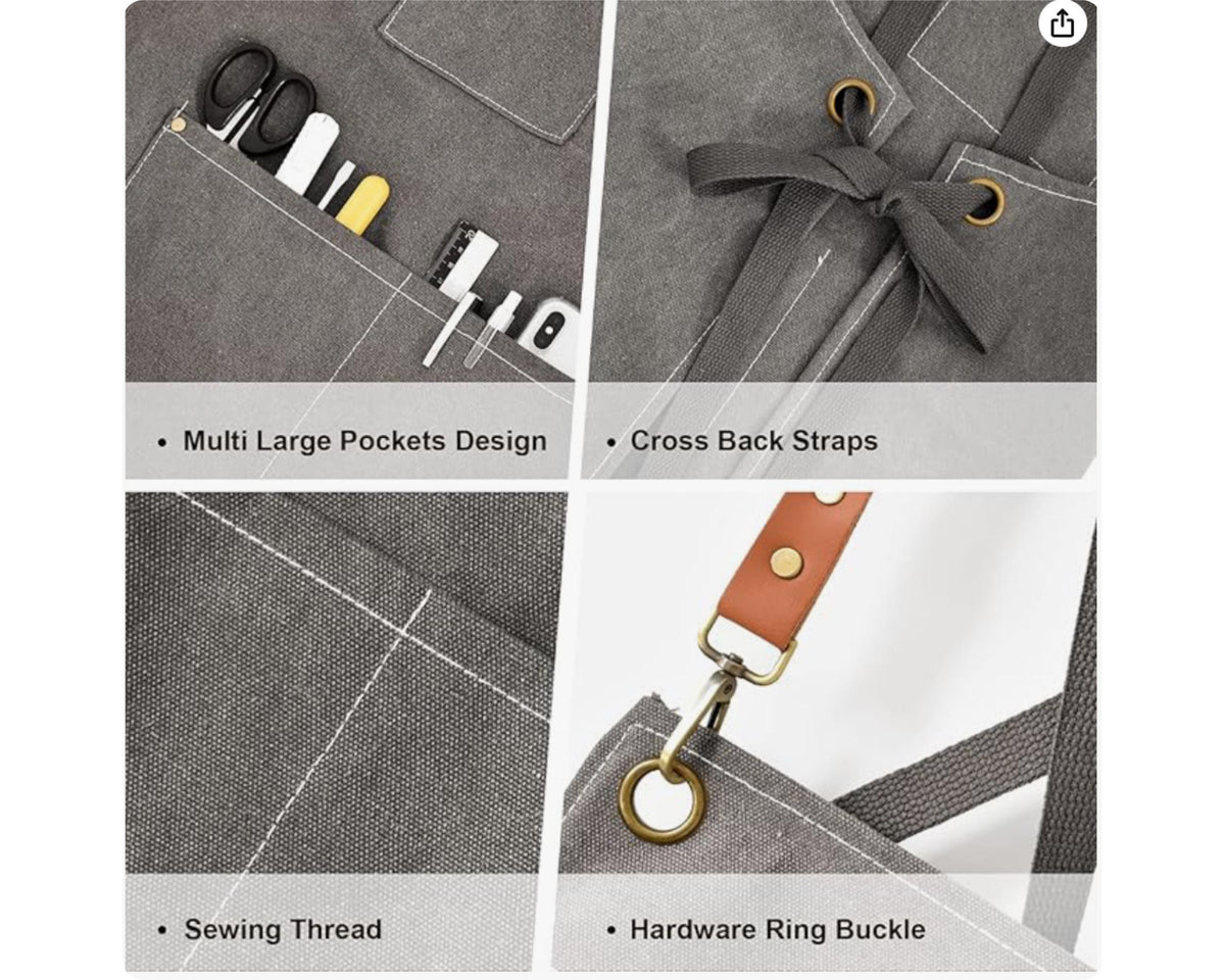 The image is a collage of four photos showcasing different features of a multi-functional apron. The first photo shows the large pockets of the apron, the second photo displays the cross-back straps, the third photo captures the sewing thread, and the fourth photo features the hardware ring buckle.