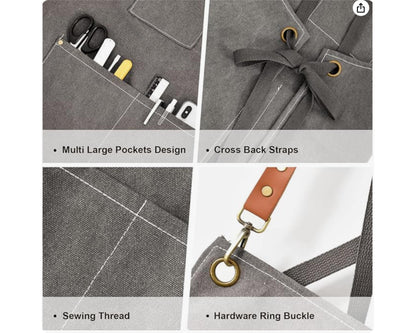 The image is a collage of four photos showcasing different features of a multi-functional apron. The first photo shows the large pockets of the apron, the second photo displays the cross-back straps, the third photo captures the sewing thread, and the fourth photo features the hardware ring buckle.