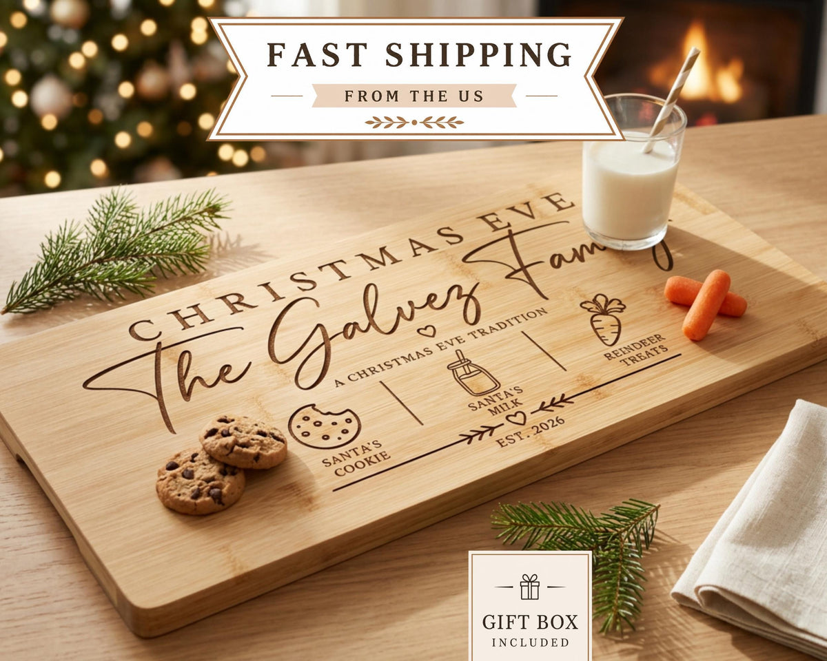 Personalized wooden Santa treat board with a glass of milk, cookies, carrots and a kraft gift box