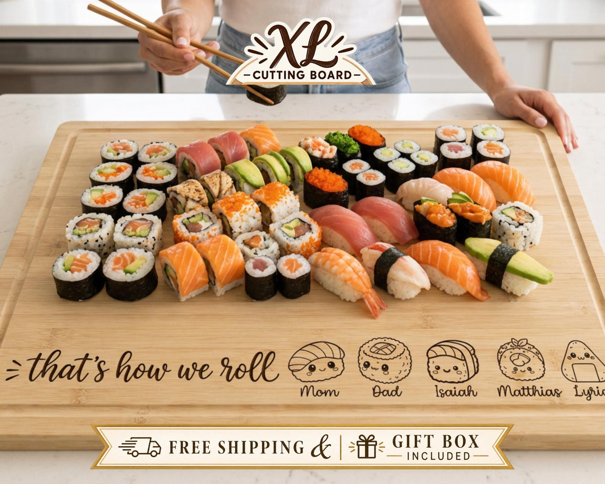 A wooden cutting board with various sushi rolls and other sushi items displayed on it. A person is holding chopsticks and appears to be preparing or serving the sushi.