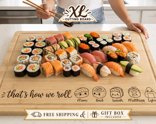 A wooden cutting board with various sushi rolls and other sushi items displayed on it. A person is holding chopsticks and appears to be preparing or serving the sushi.