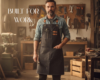 A man wearing a blue apron stands in a workshop surrounded by various tools and equipment, with the text "BUILT FOR WORK" displayed above him.