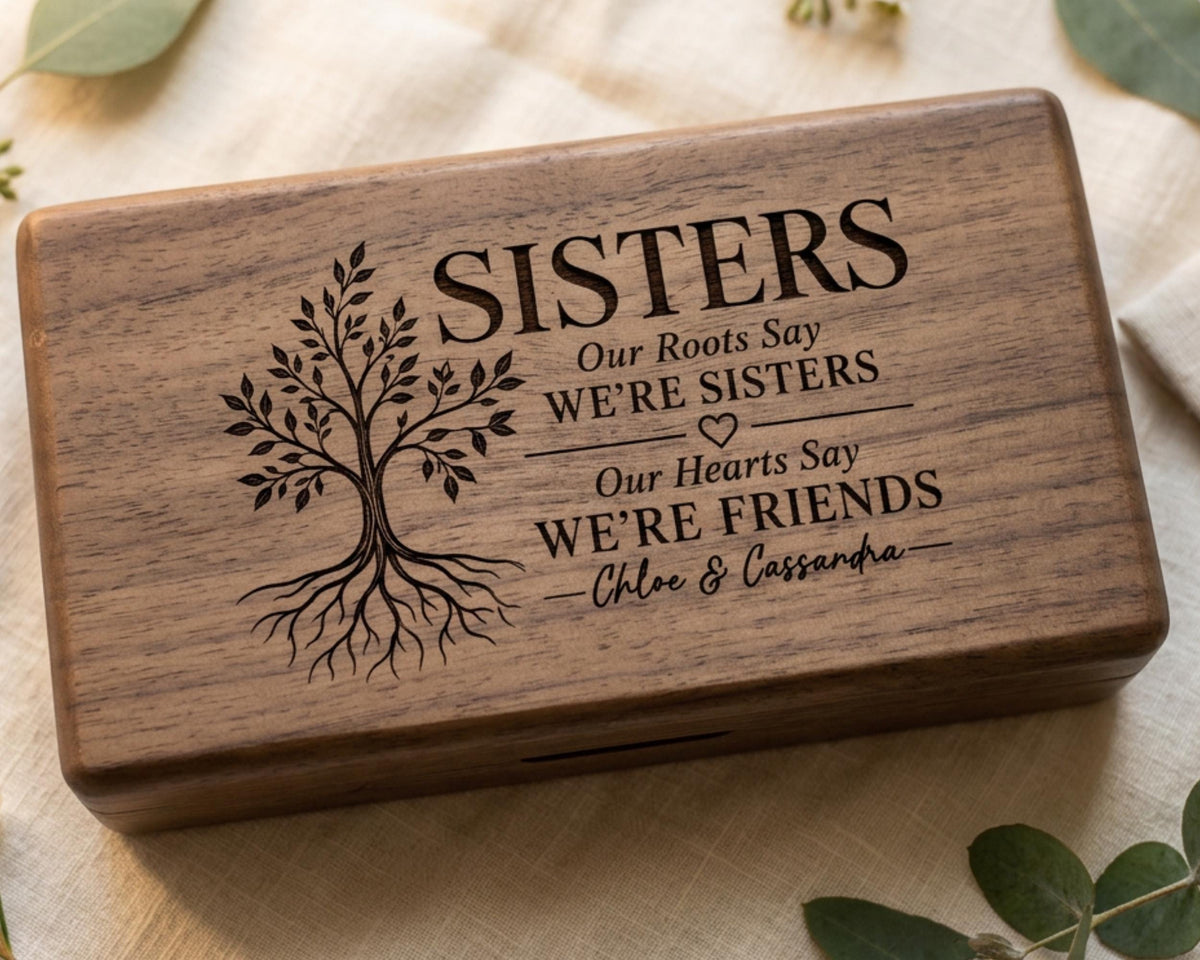 A wooden box with a tree design and text that says "SISTERS Our Roots Say We're Sisters Our Hearts Say We're Friends" engraved on it.