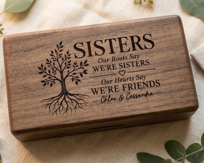 A wooden box with a tree design and text that says "SISTERS Our Roots Say We're Sisters Our Hearts Say We're Friends" engraved on it.