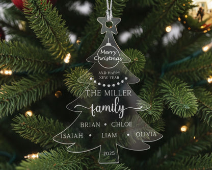 Clear acrylic Christmas ornament card displayed on holiday tree branch
