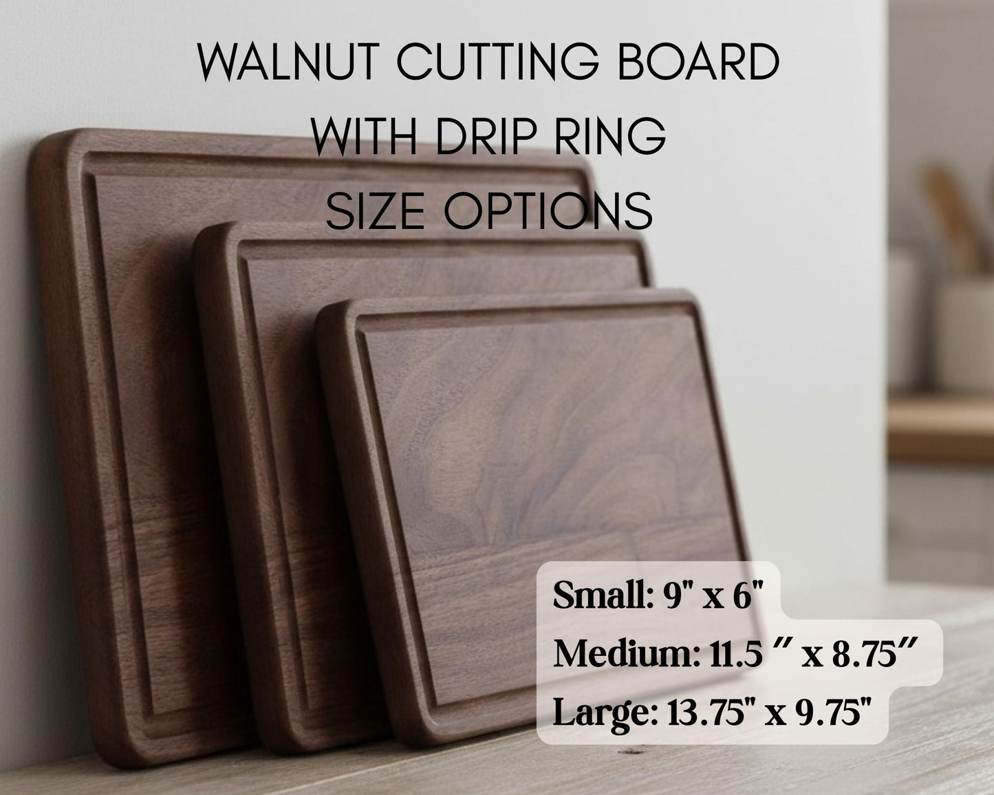 a set of three wooden cutting boards, each with a different size option, including a small, medium, and large size.
